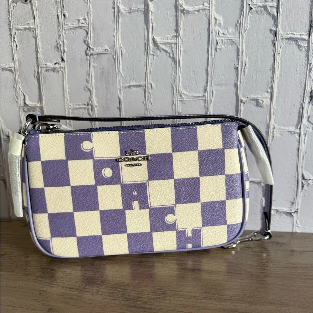 NWT Coach Nolita 19 With Checkerboard Print Small Bag Wristlet Purple/Silver